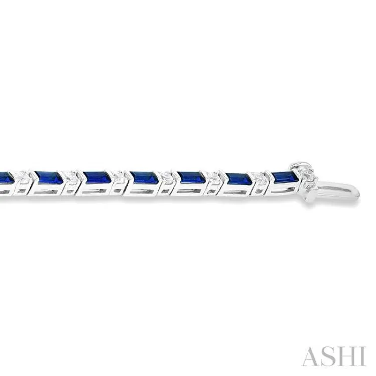 1 1/10 ctw Art Deco 4X2 MM Baguette Cut Sapphire and Round Cut Diamond Precious Tennis Bracelet in 14K White Gold