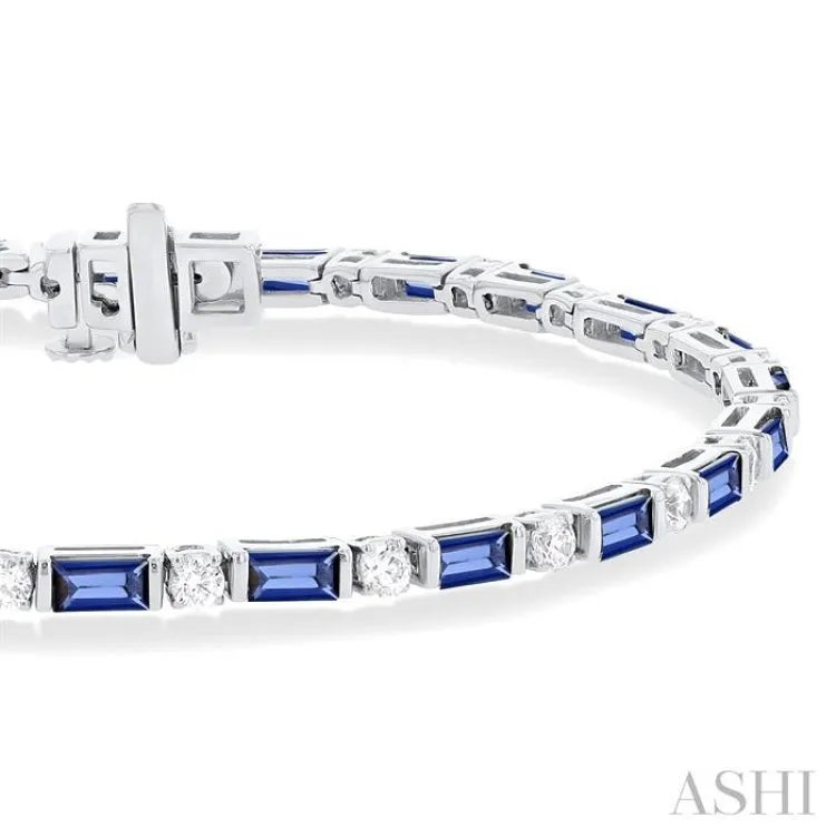 1 1/10 ctw Art Deco 4X2 MM Baguette Cut Sapphire and Round Cut Diamond Precious Tennis Bracelet in 14K White Gold