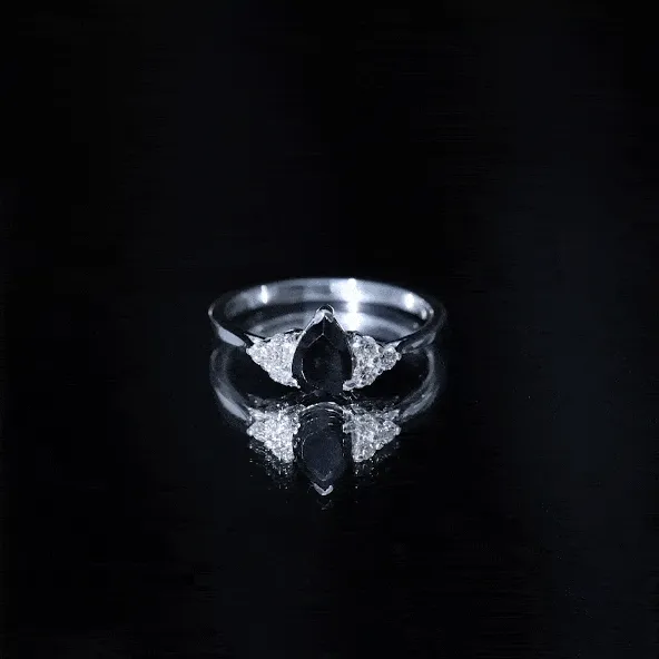 1 CT Pear Shaped Black Onyx Solitaire Ring with Diamond Trio