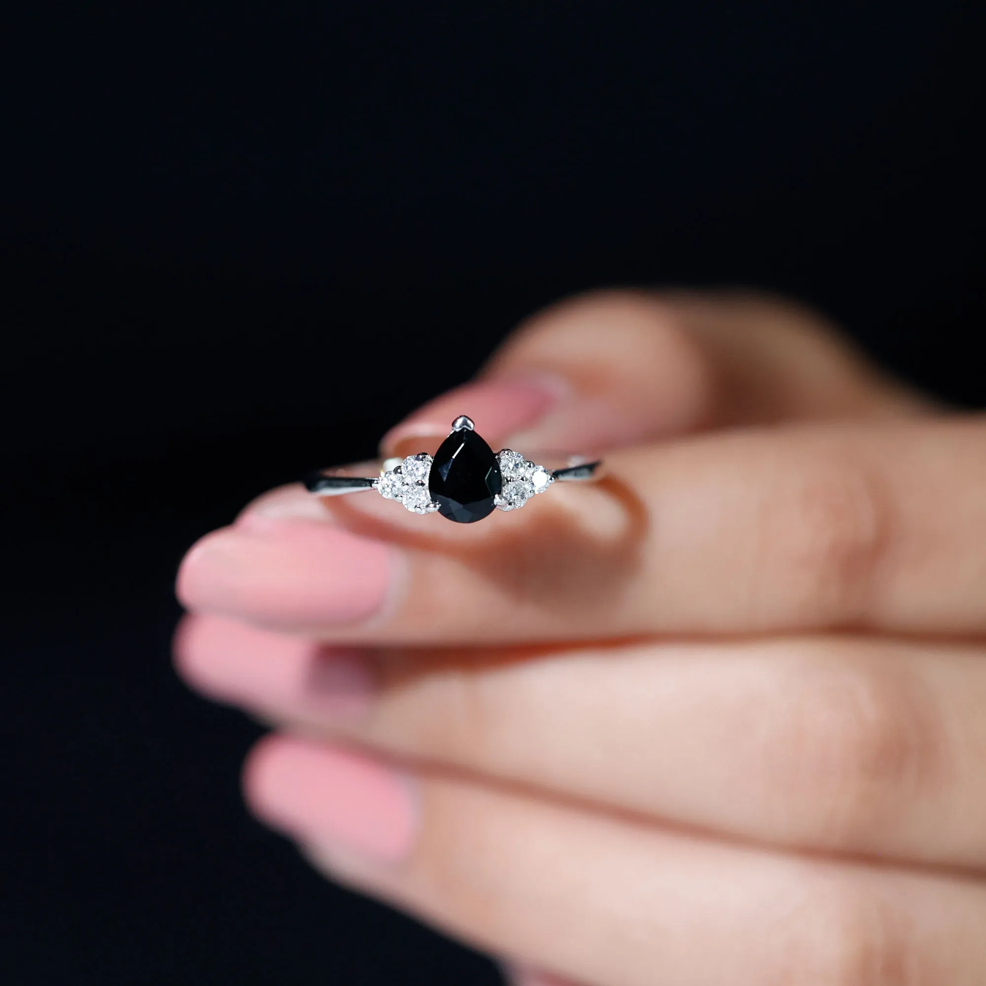 1 CT Pear Shaped Black Onyx Solitaire Ring with Diamond Trio