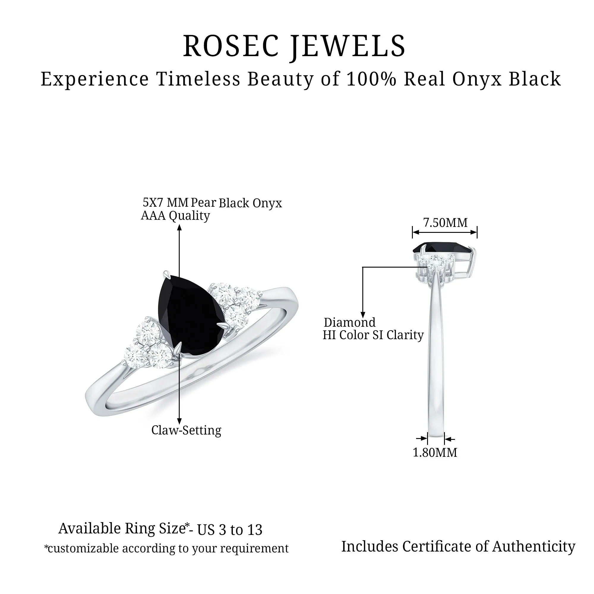 1 CT Pear Shaped Black Onyx Solitaire Ring with Diamond Trio