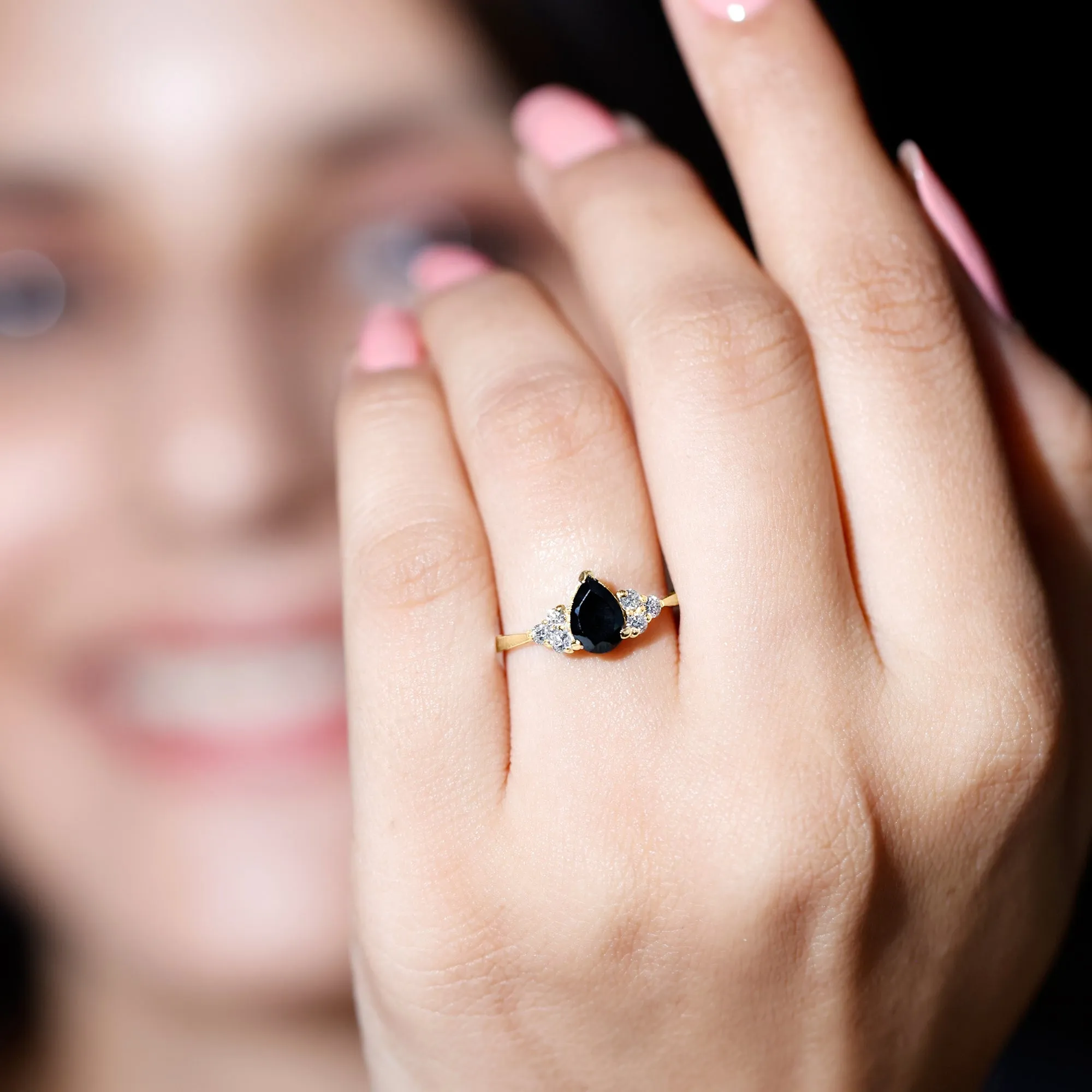 1 CT Pear Shaped Black Onyx Solitaire Ring with Diamond Trio