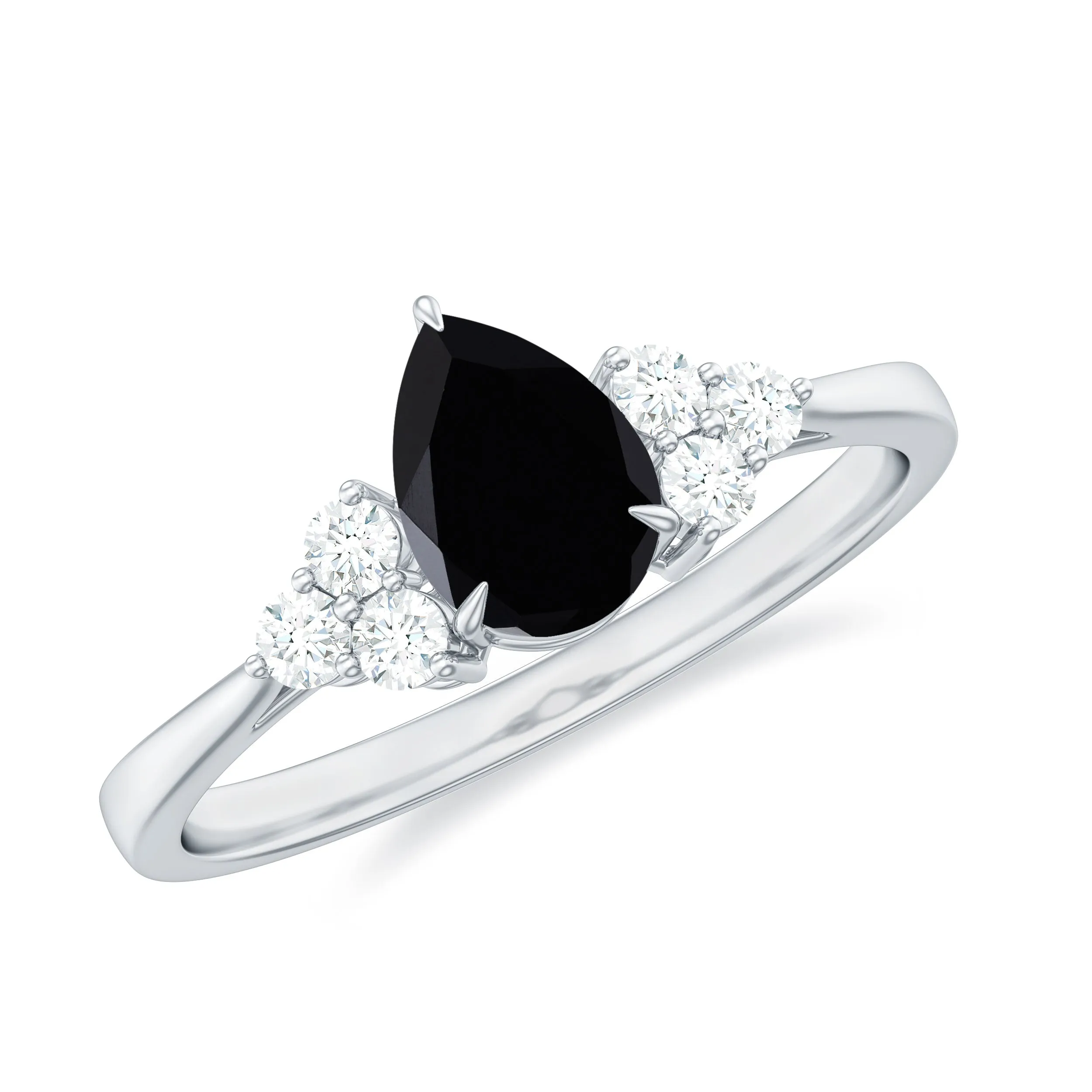 1 CT Pear Shaped Black Onyx Solitaire Ring with Diamond Trio