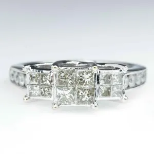 1.00ctw Princess Three Stone Cluster Diamond Engagement Ring in 10K White Gold