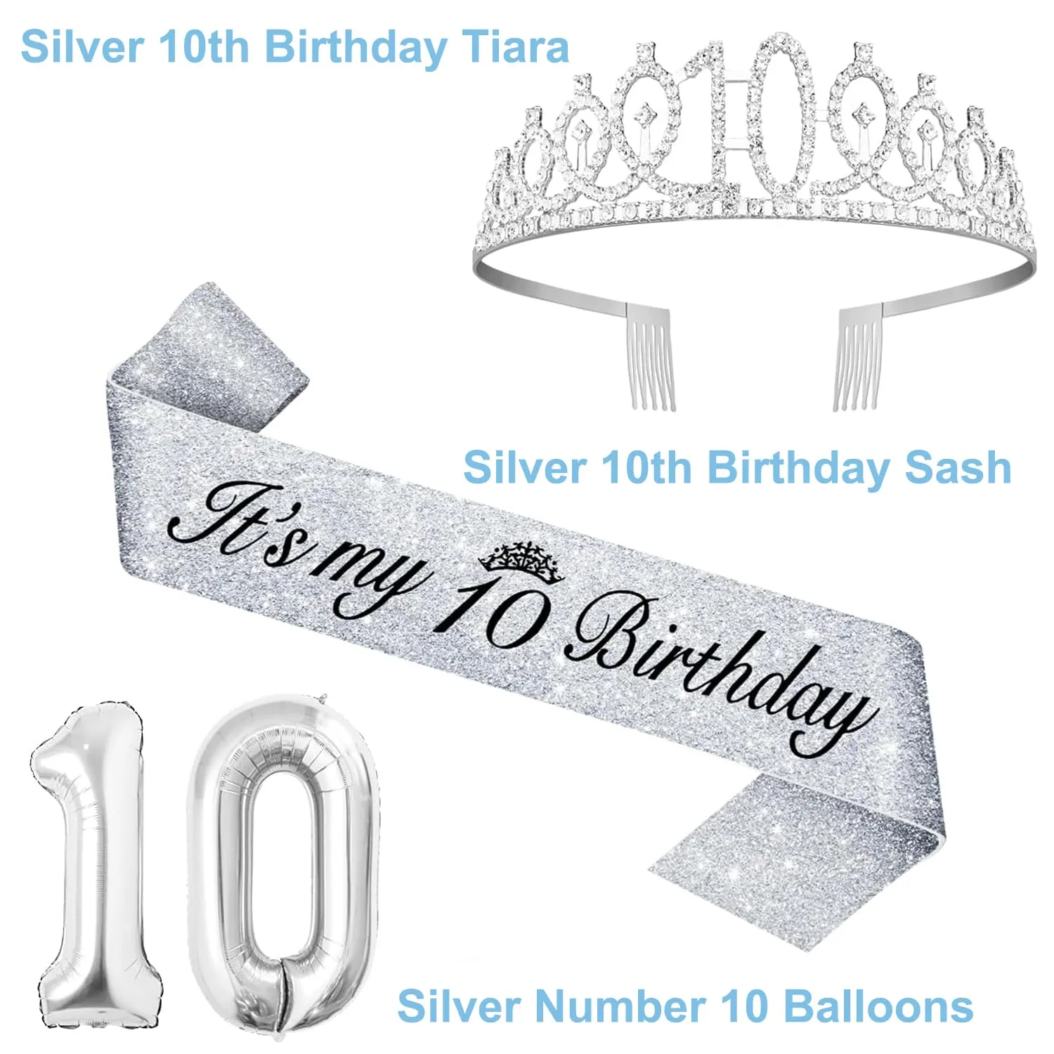 10th Birthday Decorations for Girl with 10th Birthday Sash and Tiara, 10th Birthday Cake Topper, Number 10 Candles, and 10 Number Balloons, 10 Birthday Party Decorations Gifts Silver