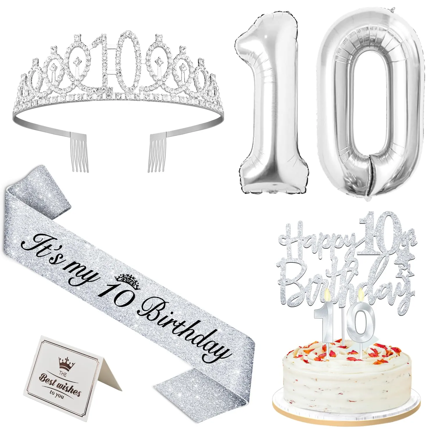 10th Birthday Decorations for Girl with 10th Birthday Sash and Tiara, 10th Birthday Cake Topper, Number 10 Candles, and 10 Number Balloons, 10 Birthday Party Decorations Gifts Silver