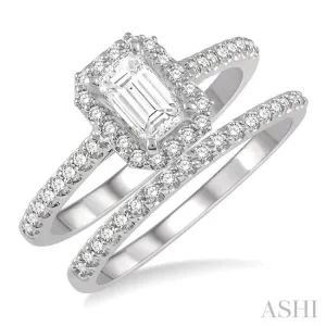 1/2 Ctw Diamond Wedding Set With 3/8 Ctw Emerald Cut Center Engagement Ring and 1/10 Ctw Wedding Band in 14K White Gold