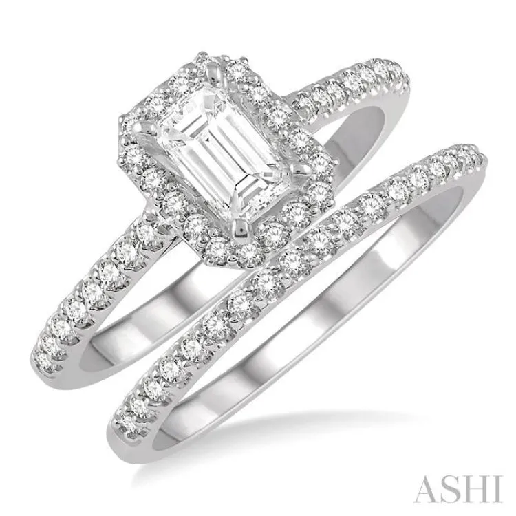 1/2 Ctw Diamond Wedding Set With 3/8 Ctw Emerald Cut Center Engagement Ring and 1/10 Ctw Wedding Band in 14K White Gold