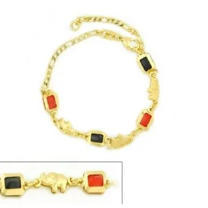 14k Gold Filled Yellow Rectangle Red And Black Elephant Anklet Bracelet 10" Figaro