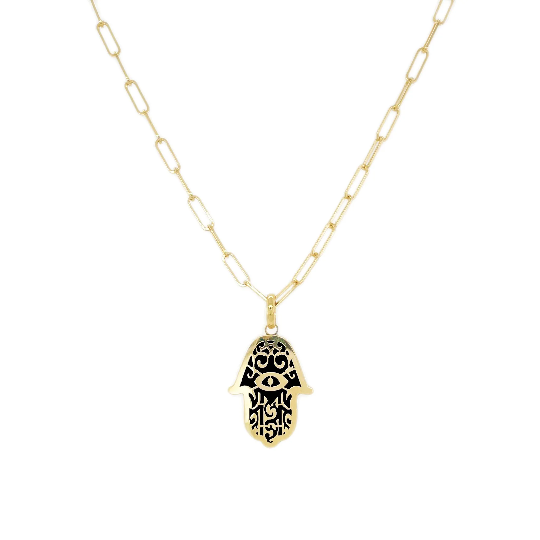 14K Gold Hamsa Onyx Pendant