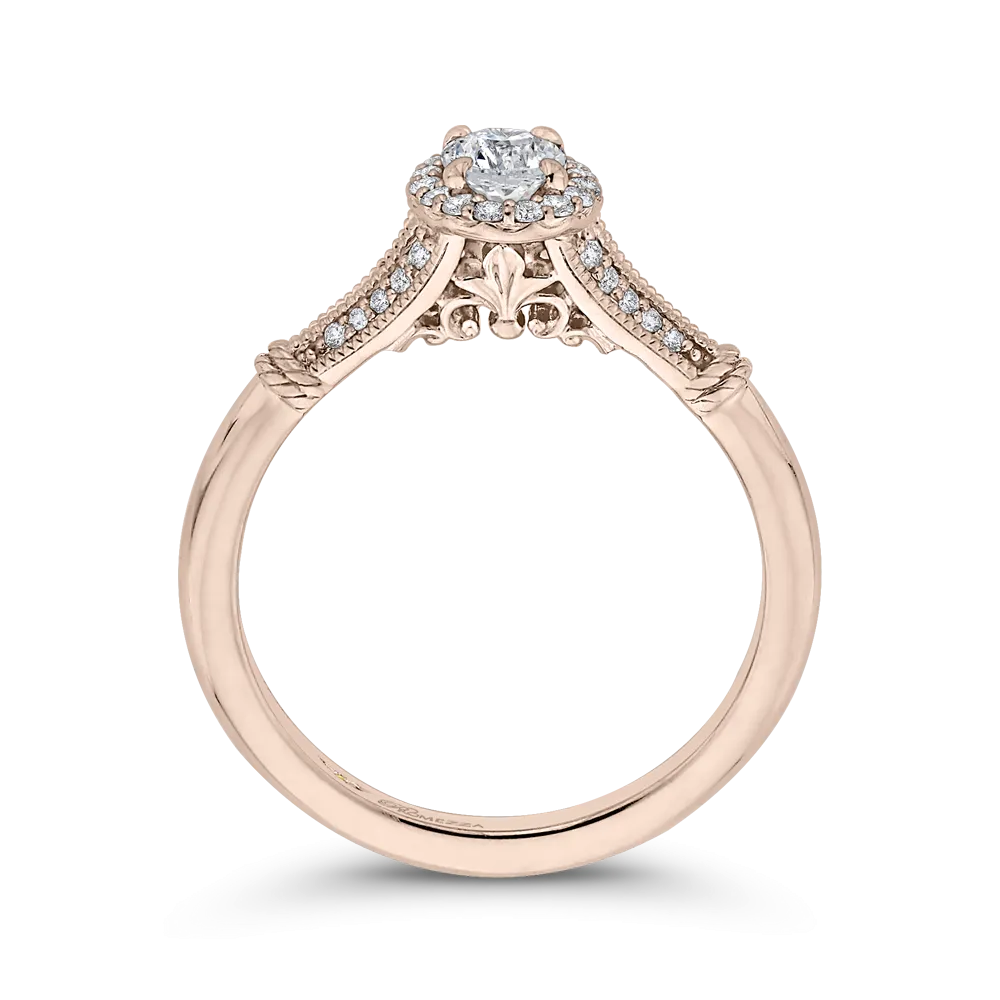 14K Rose Gold Oval Diamond Halo Cathedral Style Engagement Ring with Split Shank