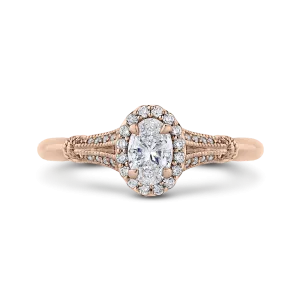 14K Rose Gold Oval Diamond Halo Cathedral Style Engagement Ring with Split Shank