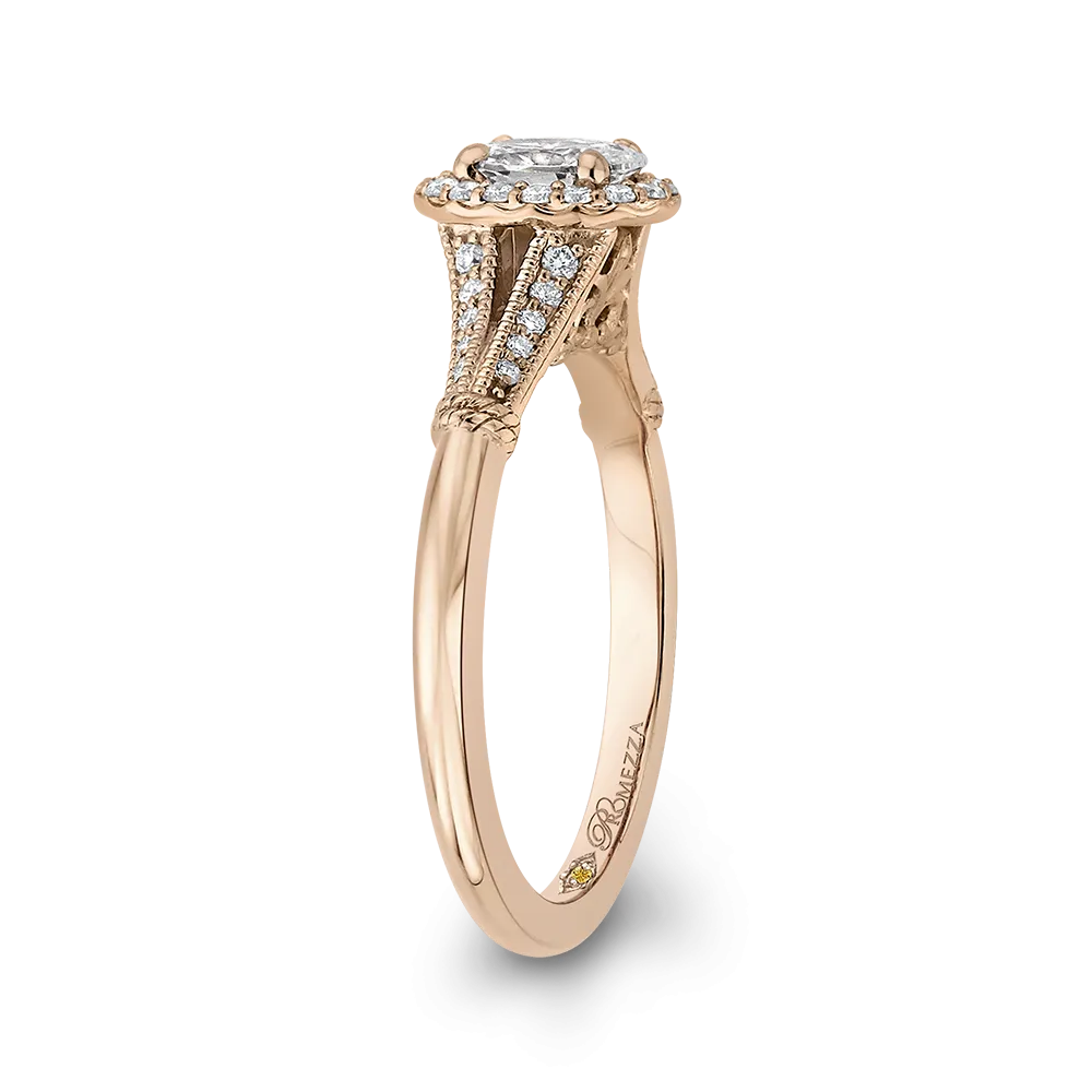 14K Rose Gold Oval Diamond Halo Cathedral Style Engagement Ring with Split Shank