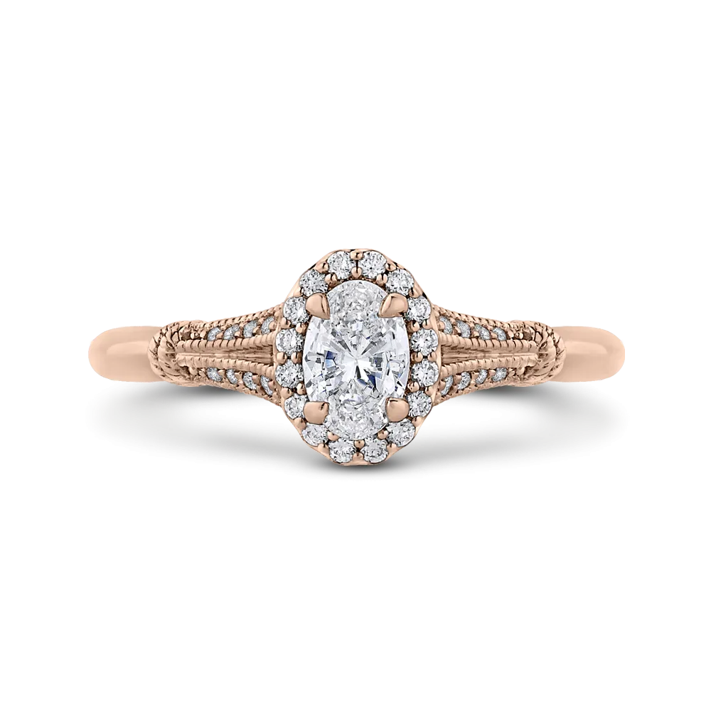 14K Rose Gold Oval Diamond Halo Cathedral Style Engagement Ring with Split Shank