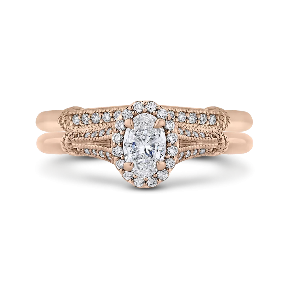 14K Rose Gold Oval Diamond Halo Cathedral Style Engagement Ring with Split Shank