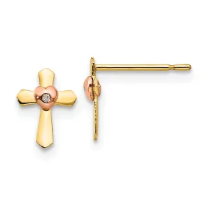 14k Two-tone Gold Cross Heart Post Earrings