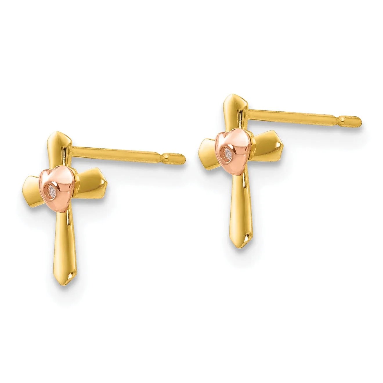 14k Two-tone Gold Cross Heart Post Earrings