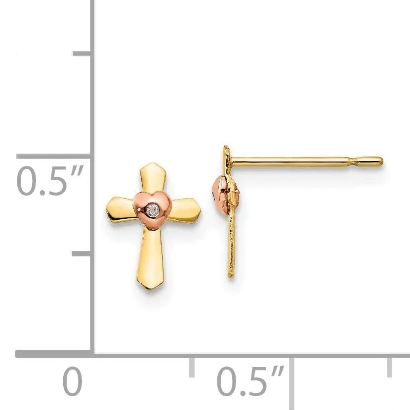 14k Two-tone Gold Cross Heart Post Earrings