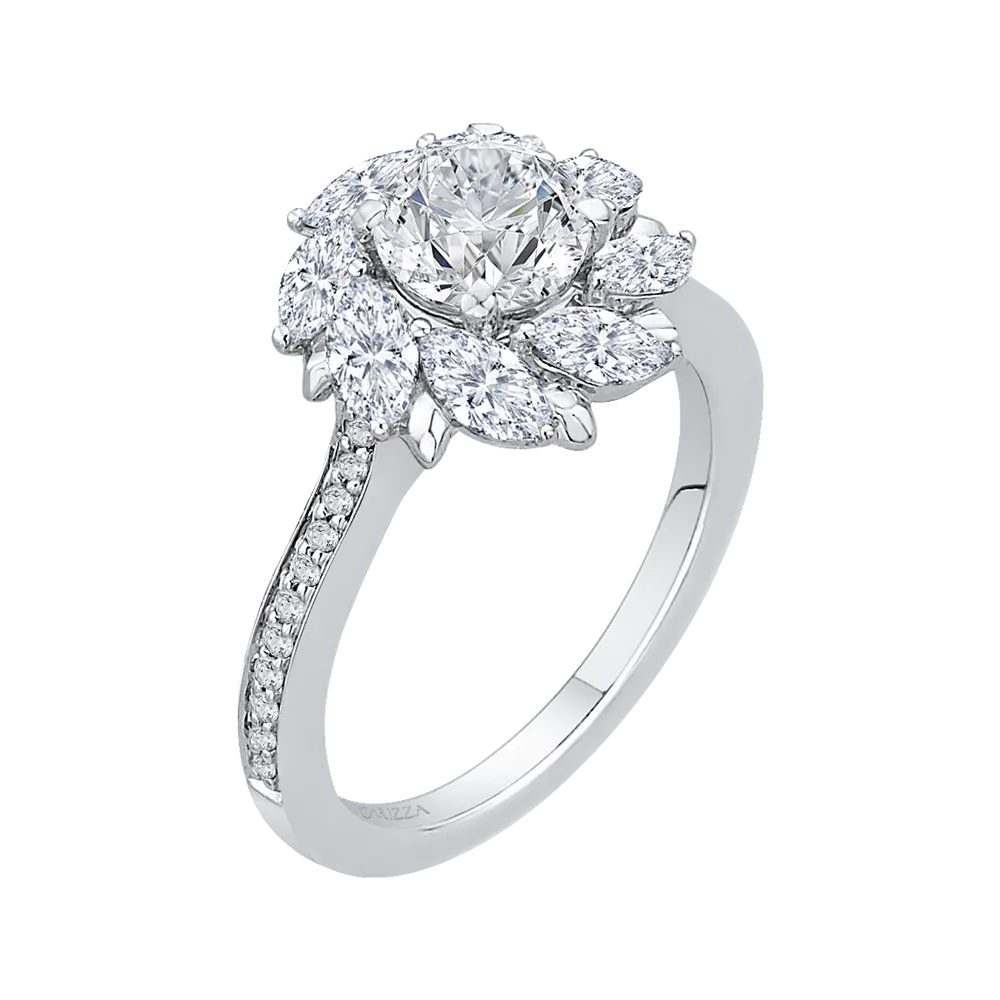 14K White Gold Round Diamond Floral Halo Engagement Ring (Semi Mount)