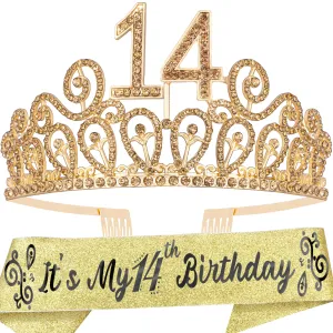 14th Birthday Sash And Tiara For Girls - Fabulous Set: Glitter Sash   Ripples