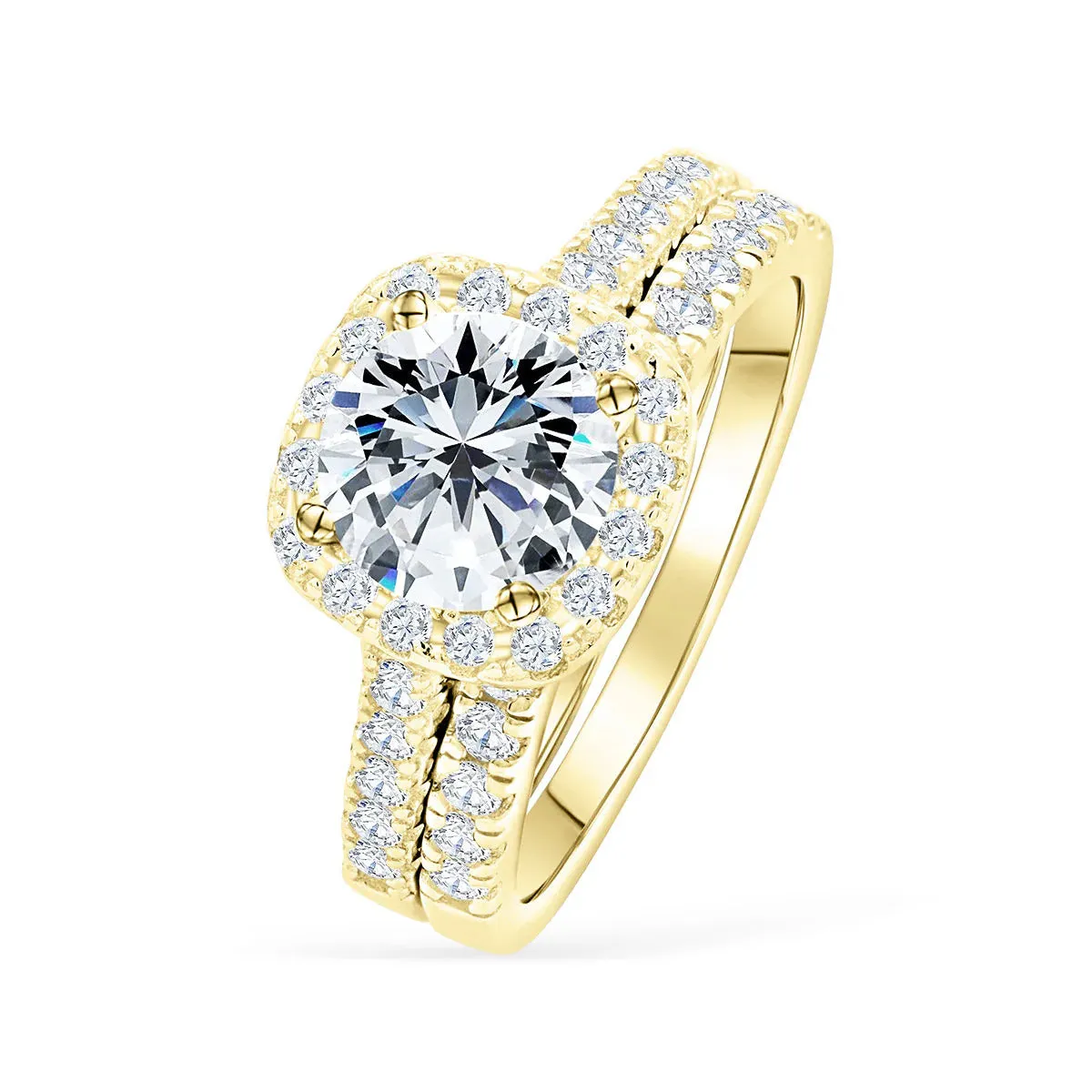 1.5 Carat Round Cushion Halo Engagement & Wedding Bridal Set Rings - Gold