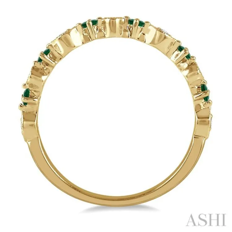 1.80 MM Round Cut Emerald and 1/20 Ctw Round Cut Diamond Precious Half Eternity Wedding Band in 14K Yellow Gold