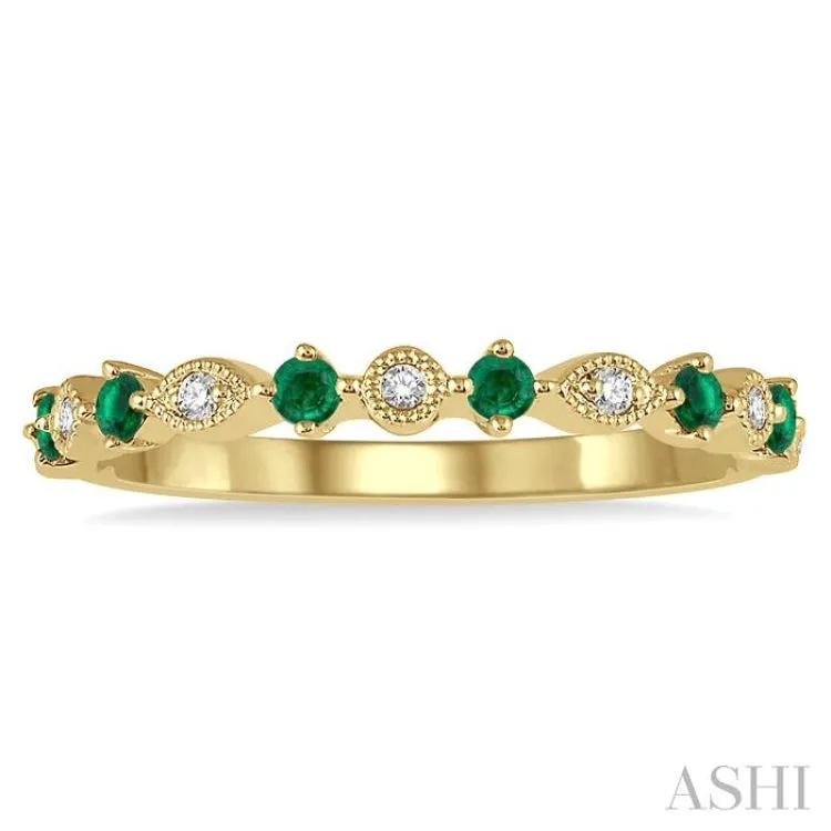 1.80 MM Round Cut Emerald and 1/20 Ctw Round Cut Diamond Precious Half Eternity Wedding Band in 14K Yellow Gold