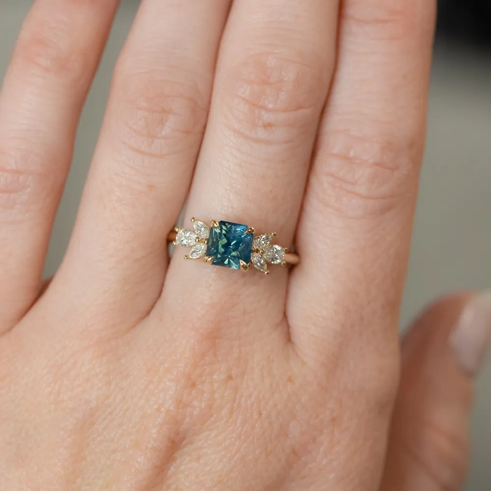 2.03ct Silky Medium Teal Radiant Cut Sapphire and Marquise Diamond Cluster Ring in 14k Yellow Gold