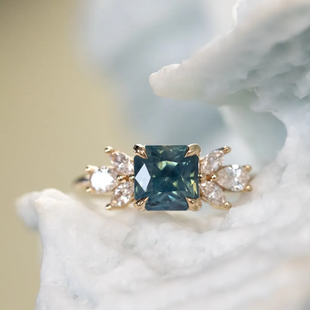 2.03ct Silky Medium Teal Radiant Cut Sapphire and Marquise Diamond Cluster Ring in 14k Yellow Gold