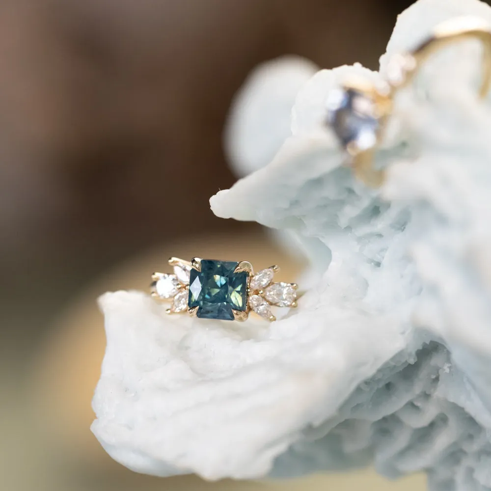 2.03ct Silky Medium Teal Radiant Cut Sapphire and Marquise Diamond Cluster Ring in 14k Yellow Gold