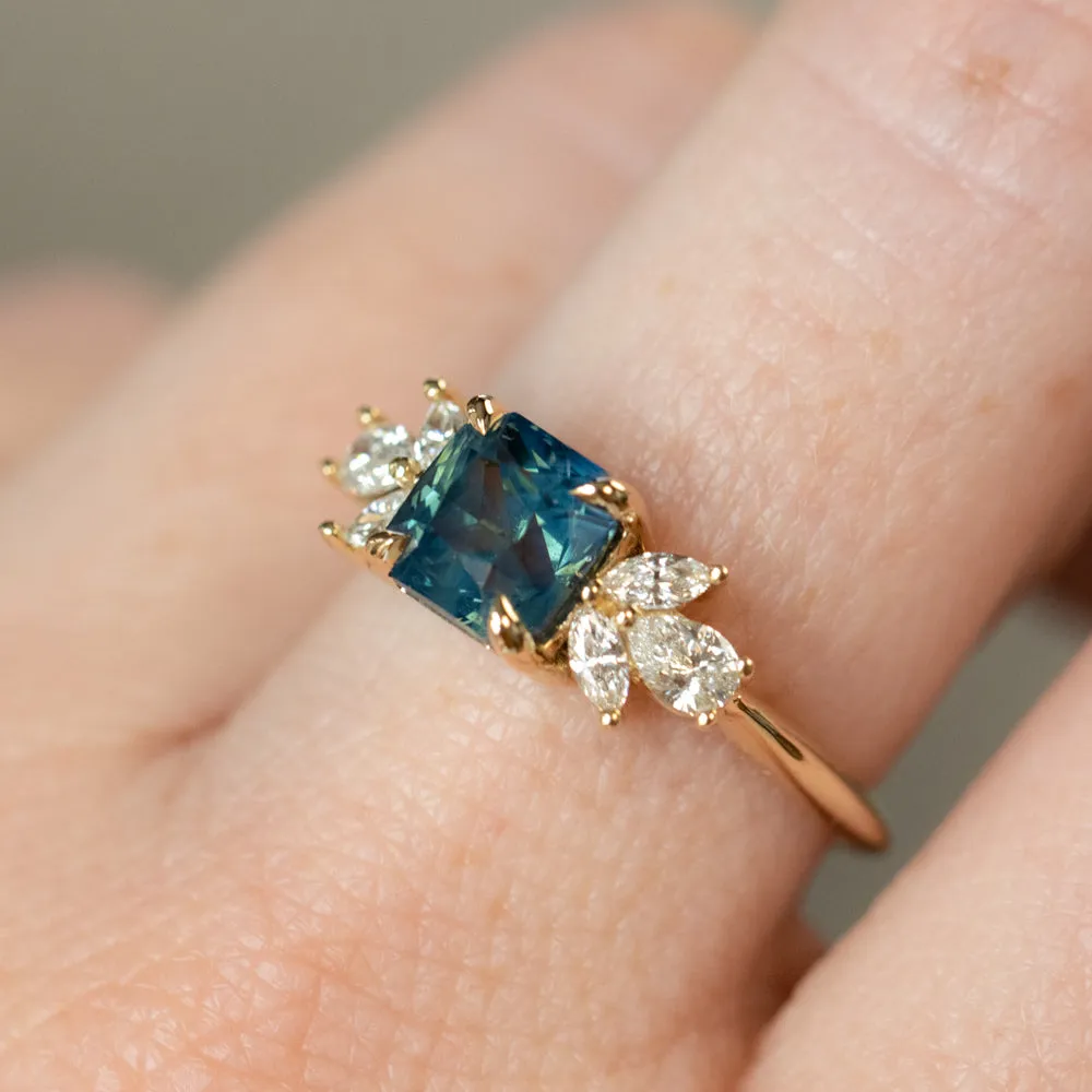 2.03ct Silky Medium Teal Radiant Cut Sapphire and Marquise Diamond Cluster Ring in 14k Yellow Gold