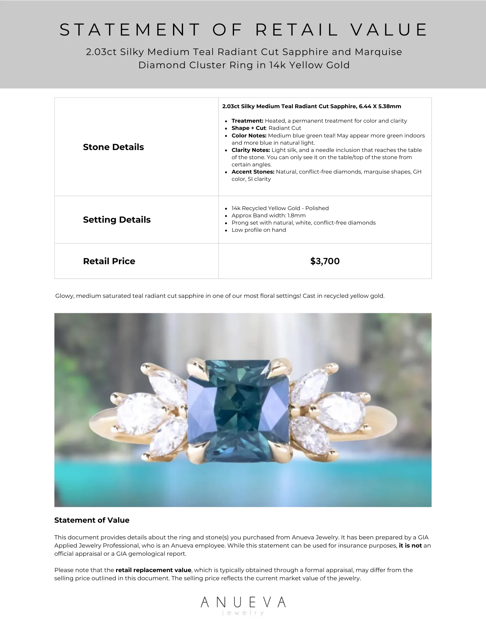 2.03ct Silky Medium Teal Radiant Cut Sapphire and Marquise Diamond Cluster Ring in 14k Yellow Gold