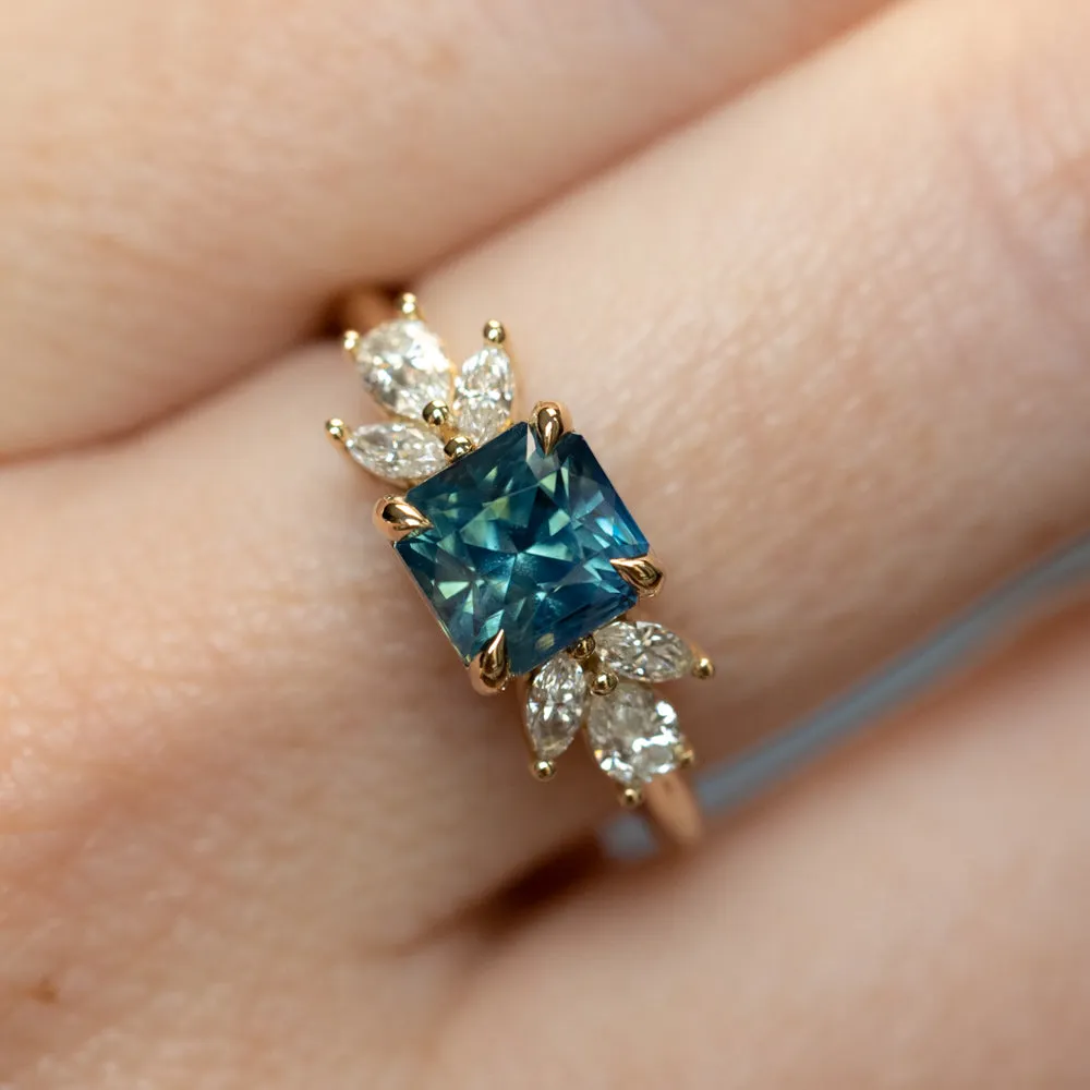 2.03ct Silky Medium Teal Radiant Cut Sapphire and Marquise Diamond Cluster Ring in 14k Yellow Gold