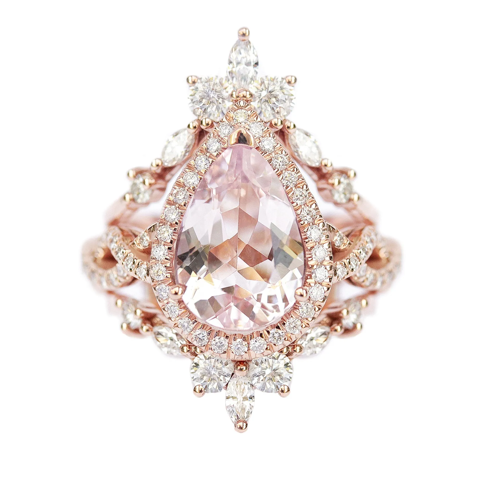 3 carats Pear Pink Morganite, Twist Shank Band Engagement Ring - "Elise" with Iceland Ring guard ♥