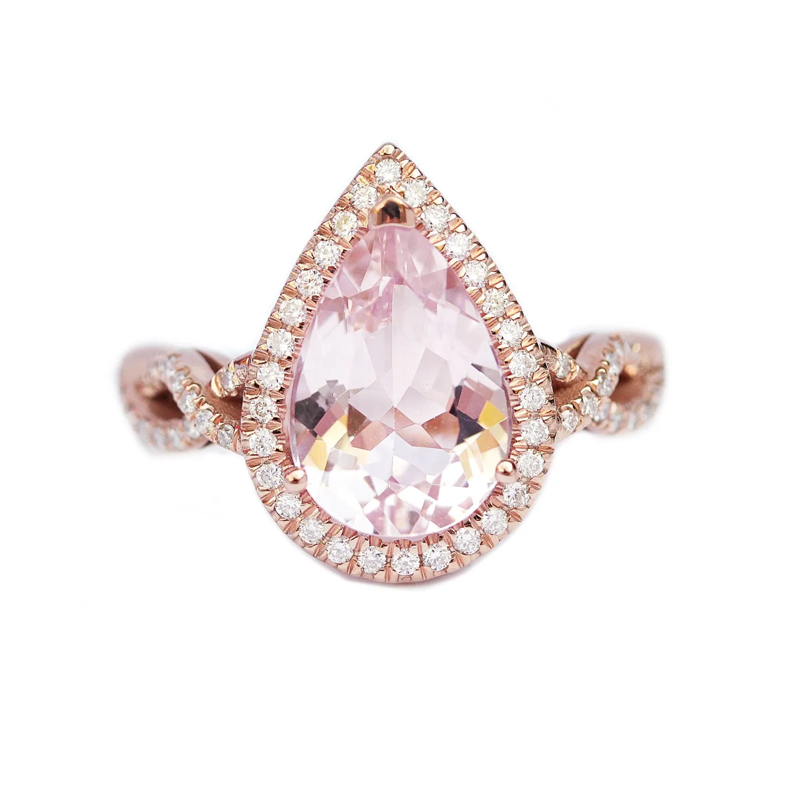 3 carats Pear Pink Morganite, Twist Shank Band Engagement Ring - "Elise" with Iceland Ring guard ♥