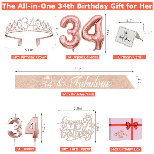 34th Birthday Decorations for Women Including 34th Birthday Sash for Women, Tiara/Crown, Candles and Cake Topper, Numeral 34 Balloons, 34th Birthday Gifts for Women Decorations Favor Supplies