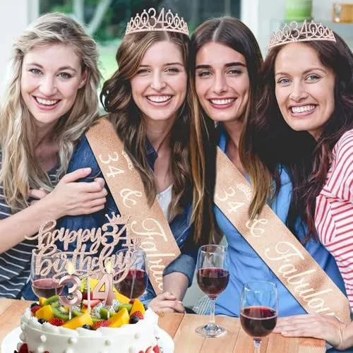 34th Birthday Decorations for Women Including 34th Birthday Sash for Women, Tiara/Crown, Candles and Cake Topper, Numeral 34 Balloons, 34th Birthday Gifts for Women Decorations Favor Supplies