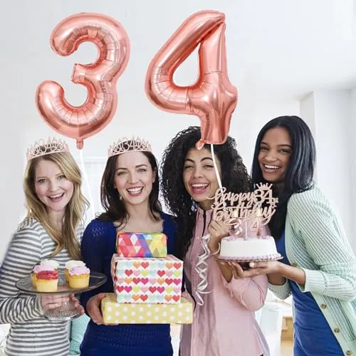 34th Birthday Decorations for Women Including 34th Birthday Sash for Women, Tiara/Crown, Candles and Cake Topper, Numeral 34 Balloons, 34th Birthday Gifts for Women Decorations Favor Supplies