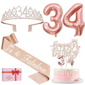 34th Birthday Decorations for Women Including 34th Birthday Sash for Women, Tiara/Crown, Candles and Cake Topper, Numeral 34 Balloons, 34th Birthday Gifts for Women Decorations Favor Supplies