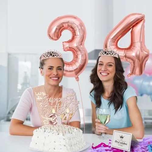 34th Birthday Decorations for Women Including 34th Birthday Sash for Women, Tiara/Crown, Candles and Cake Topper, Numeral 34 Balloons, 34th Birthday Gifts for Women Decorations Favor Supplies