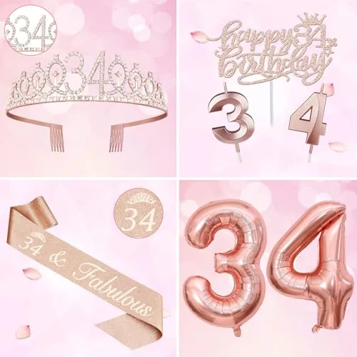 34th Birthday Decorations for Women Including 34th Birthday Sash for Women, Tiara/Crown, Candles and Cake Topper, Numeral 34 Balloons, 34th Birthday Gifts for Women Decorations Favor Supplies