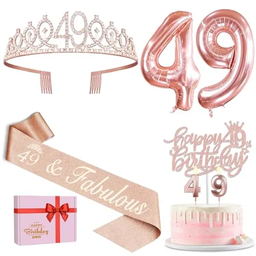 49th Birthday Gifts for Women, Include 49th Birthday Sash and Tiara, Birthday Cake Topper and Number 49 Candles, Big 49 Balloons, 49th Birthday Decorations for Happy 49th Birthday Party Favor Supplies