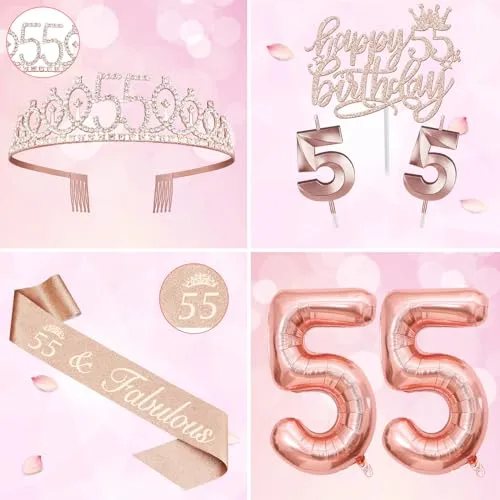 55 Birthday Decorations for Women Including 55th Birthday Sash, 55 Birthday Tiara, Birthday Candles and Cake Topper, Numeral 55 Balloons, 55th Birthday Decorations Birthday Party Favor Supplies