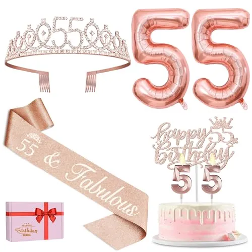 55 Birthday Decorations for Women Including 55th Birthday Sash, 55 Birthday Tiara, Birthday Candles and Cake Topper, Numeral 55 Balloons, 55th Birthday Decorations Birthday Party Favor Supplies