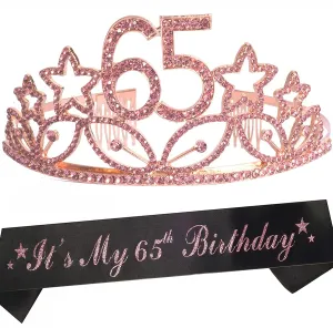 65th Birthday Gifts for women,65th Birthday Tiara and Sash pink, HAPPY 65th Birthday Party