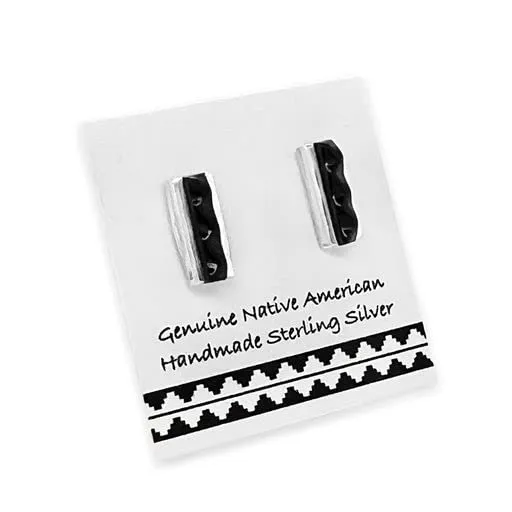 6mm Genuine Black Onyx Bar Stud Earrings, 925 Sterling Silver, Authentic Navajo Native American USA Handmade