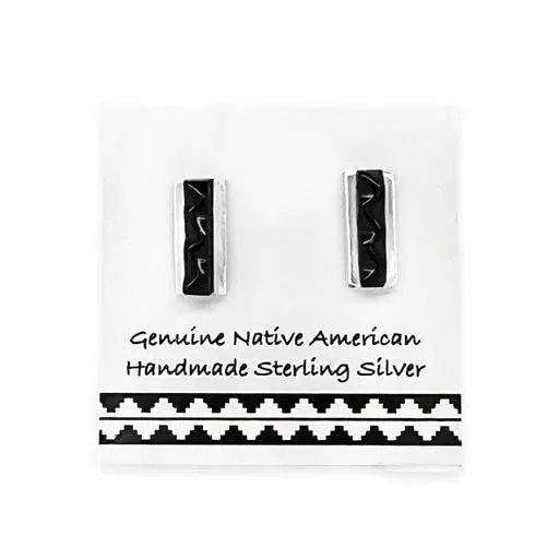 6mm Genuine Black Onyx Bar Stud Earrings, 925 Sterling Silver, Authentic Navajo Native American USA Handmade