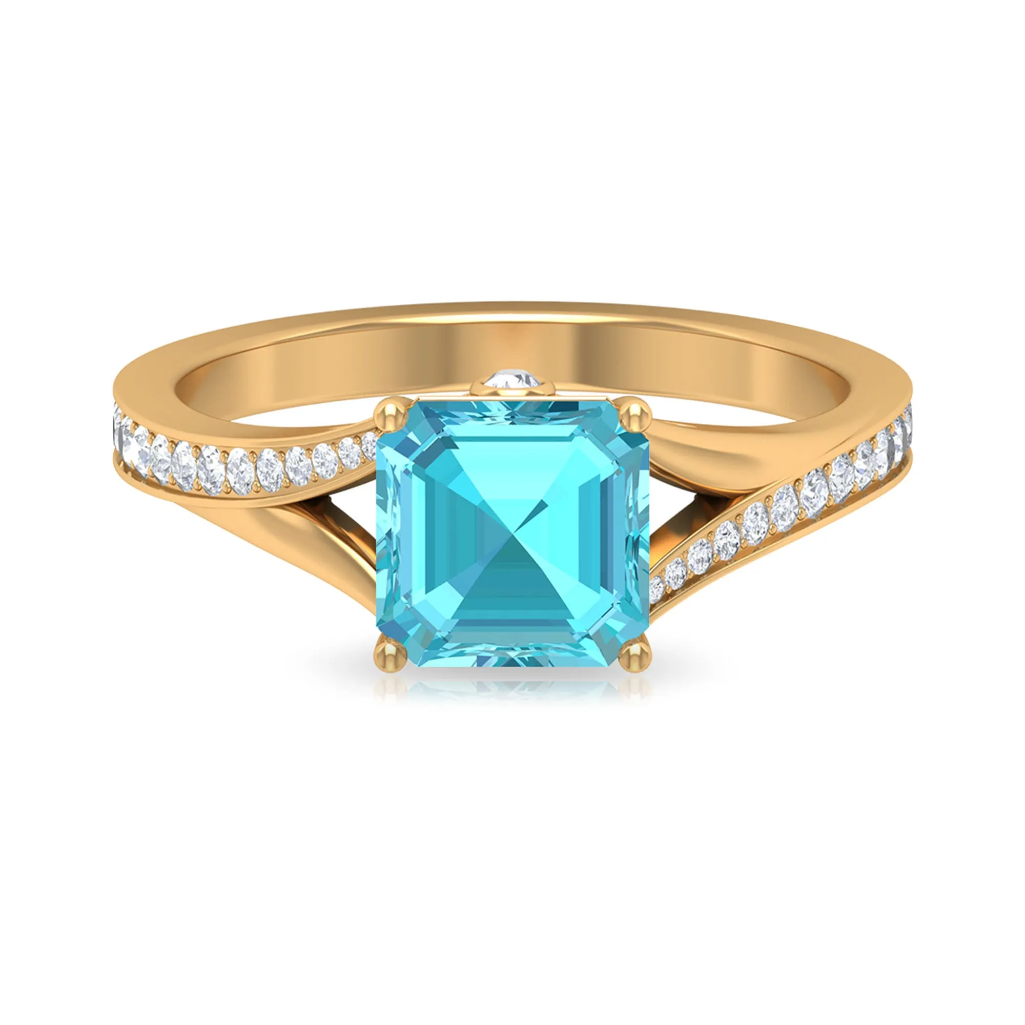 7 MM Asscher Cut Swiss Blue Topaz Solitaire with Diamond Split Shank Ring