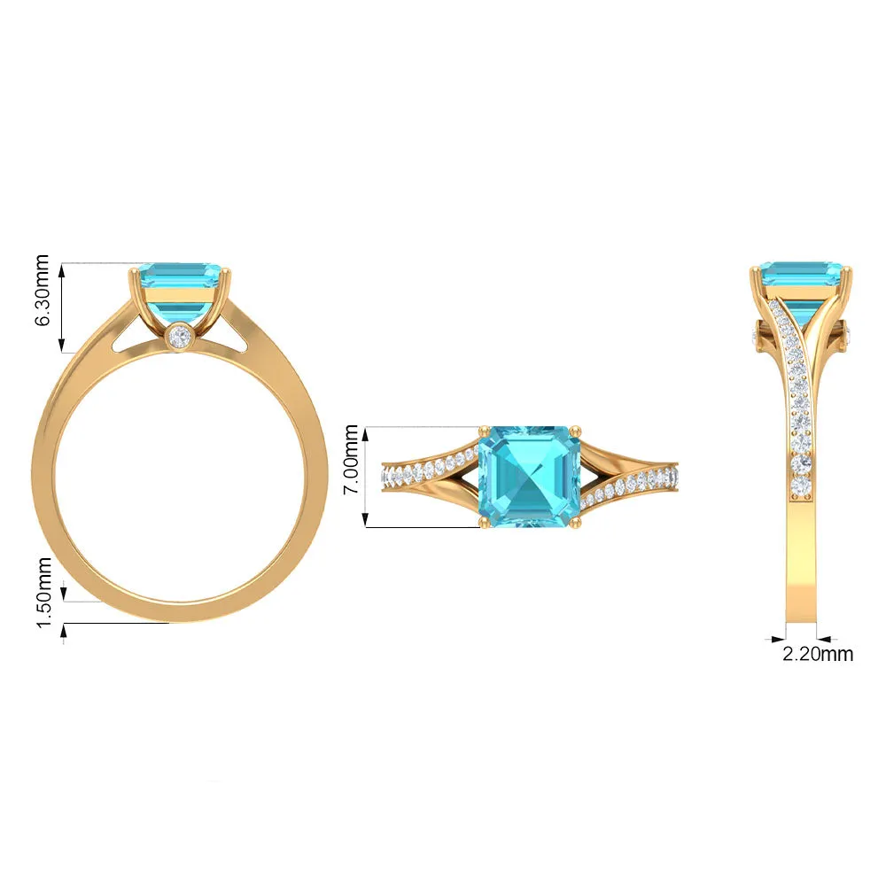 7 MM Asscher Cut Swiss Blue Topaz Solitaire with Diamond Split Shank Ring