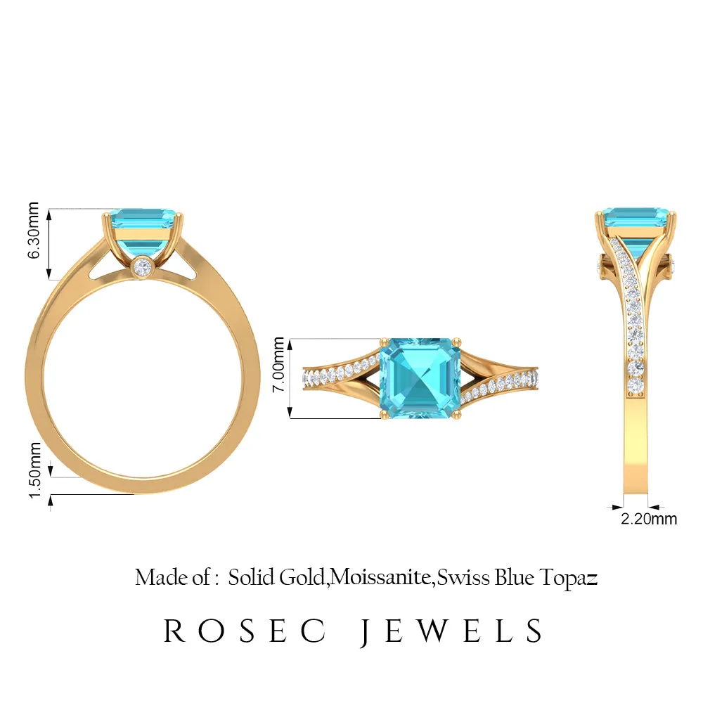 7 MM Asscher Cut Swiss Blue Topaz Solitaire with Diamond Split Shank Ring